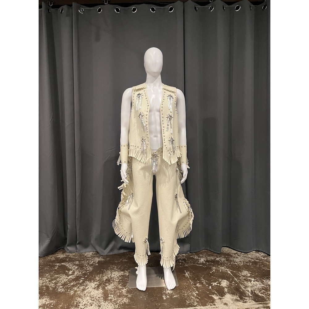 Vintage Men's 46/2XL Western 4 Piece Leather Fringe Off-White Outfit Set.
